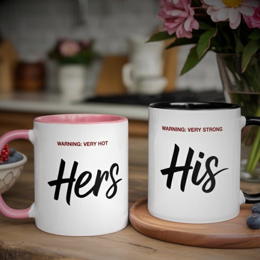 Funny his and her mugs – Hers says "Warning: Very Hot" in pink, His says "Warning: Very Strong" in black – perfect couple gift for housewarming, new apartment, or relationship milestone