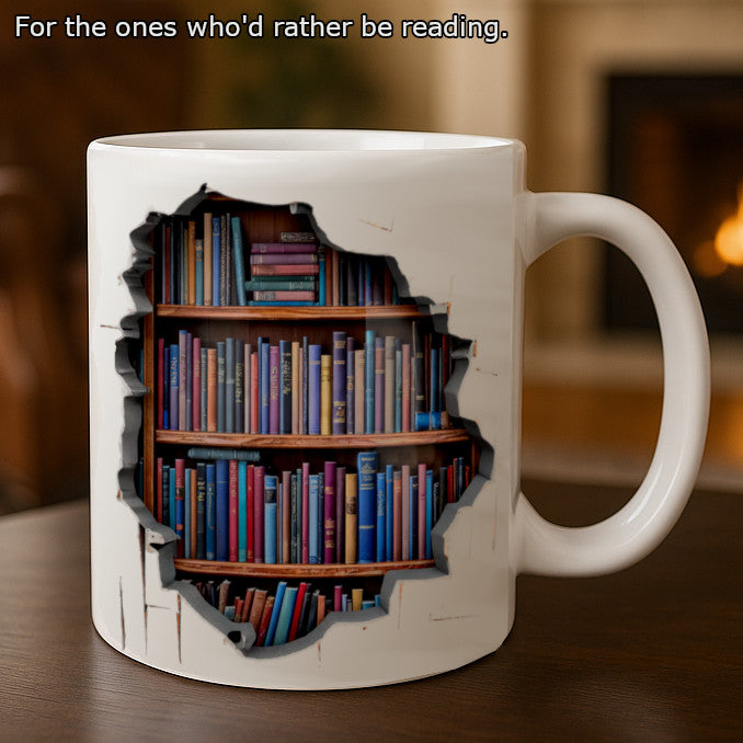 A white ceramic mug with a printed bookshelf design filled with various colored books, positioned on a table with a warm light in the background.
