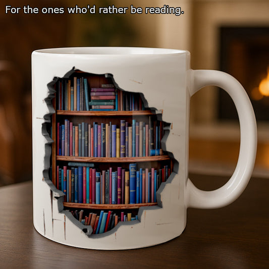 A white ceramic mug with a printed bookshelf design filled with various colored books, positioned on a table with a warm light in the background.