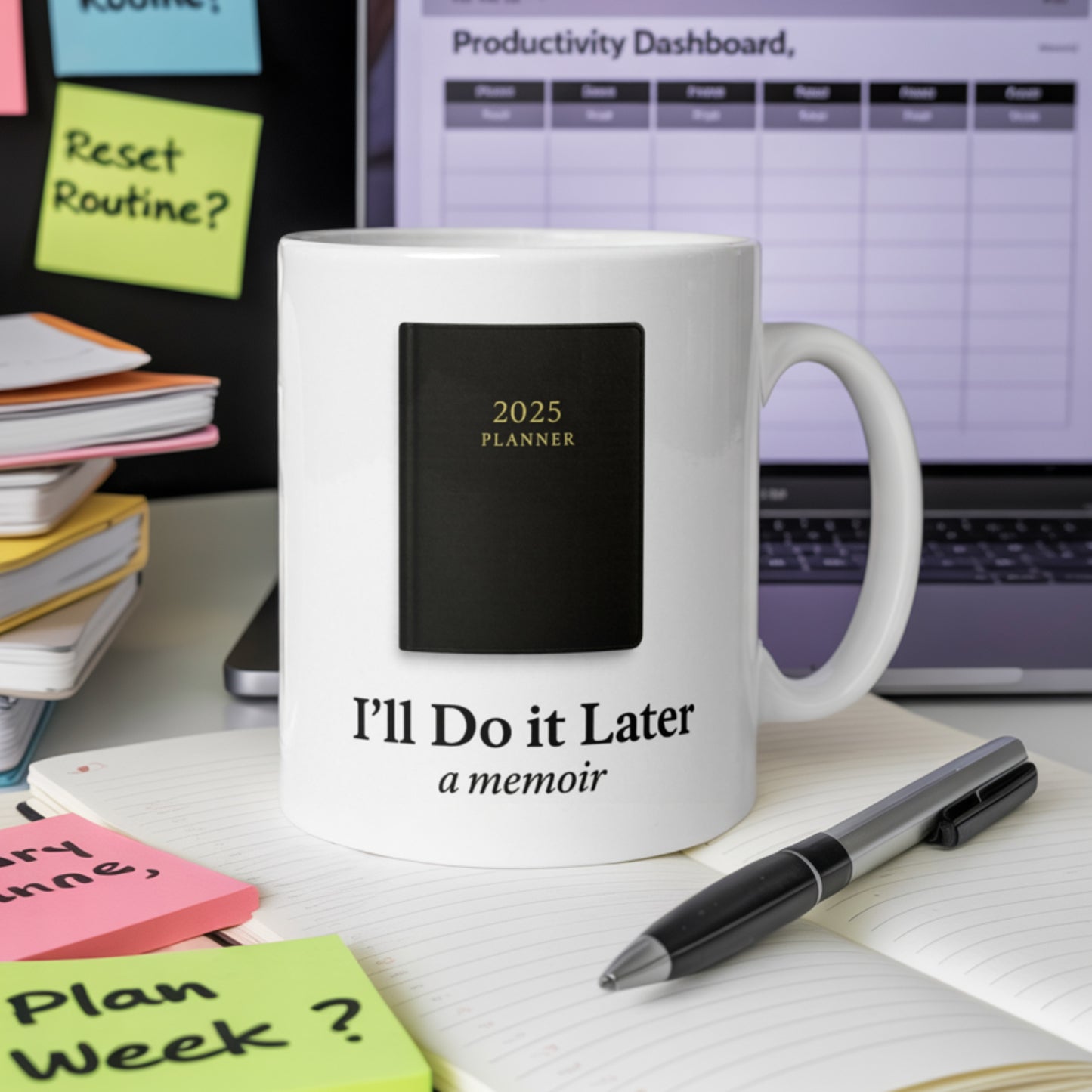 White ceramic mug featuring an image of a planner and the humorous caption “I’ll Do it Later – a memoir.” Surrounded by open notebooks, colorful sticky notes, and a laptop with a “Productivity Dashboard” on screen. A funny procrastination-themed gift for ADHD, office workers, students, or anyone who buys productivity tools but never quite uses them. Perfect for fans of self-deprecating humor and to-do list survivors.