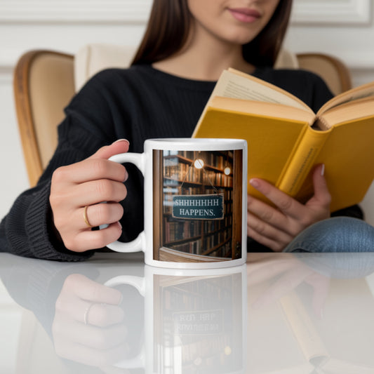 Woman holding a funny book mug that says “Shhhhhhh Happens,” while reading on a cozy armchair — perfect gift for book lovers, readers, librarians, or introverts who love quiet time with coffee or tea.
