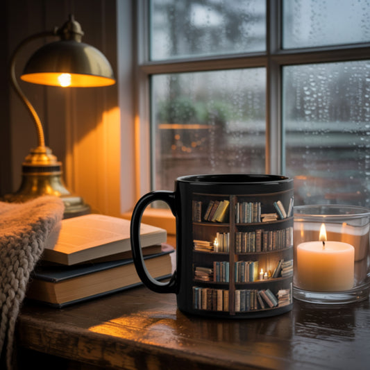Black ceramic book mug featuring a realistic bookshelf design with glowing candlelight, placed on a wooden table beside a lit candle, open books, and a cozy knit blanket, with a rainy window in the background — perfect gift for book lovers, readers, and dark academia fans.