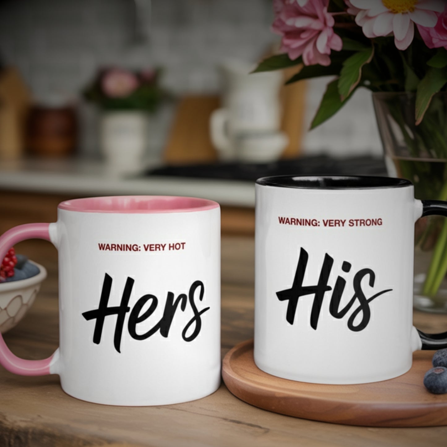 Funny his and her couple mugs on kitchen table – "Hers: Warning Very Hot" and "His: Warning Very Strong" – gift idea for couples, anniversaries, or moving in together