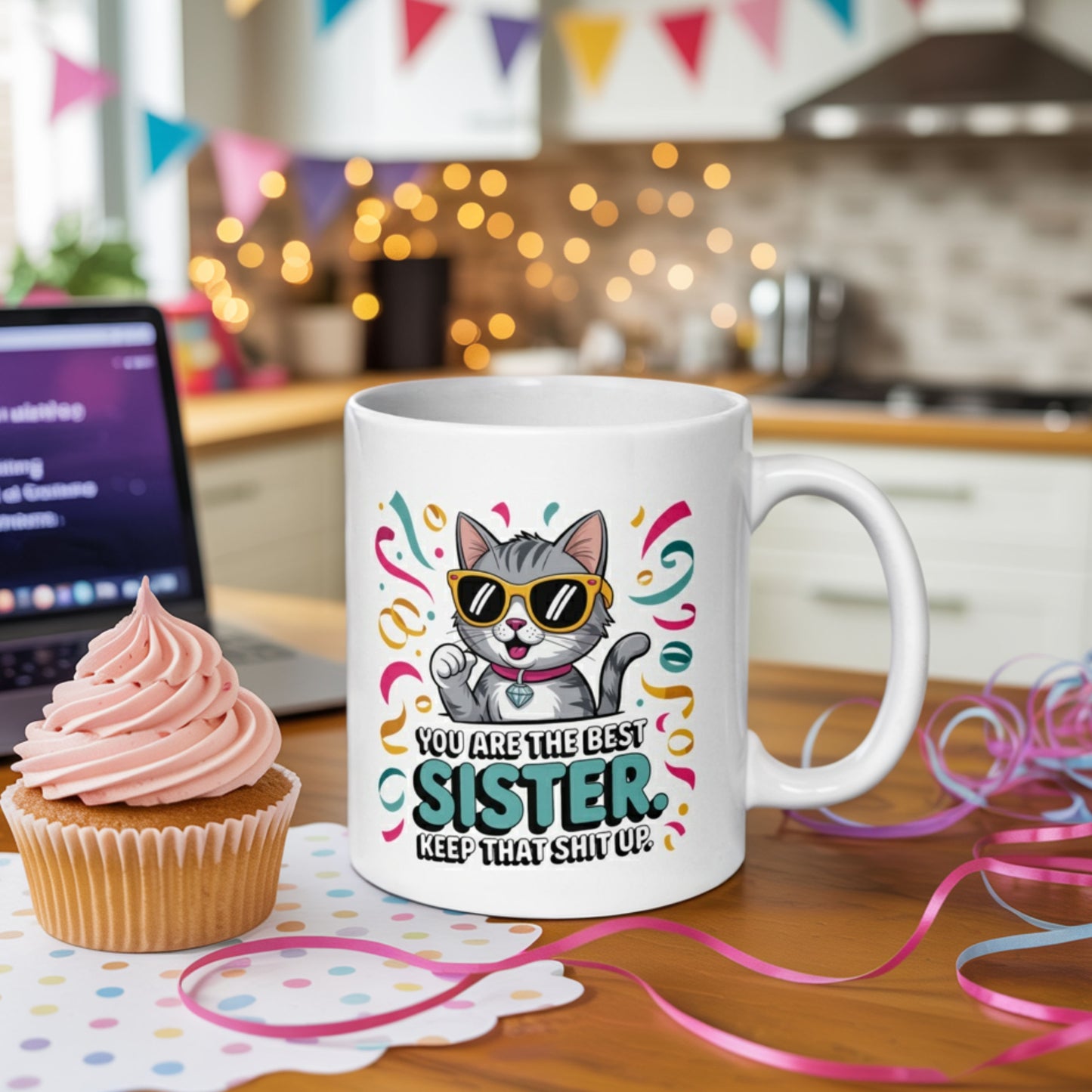 Funny sister gift mug with cartoon cat and confetti, placed on a festive kitchen table with a cupcake, laptop, and colorful party decorations in the background.