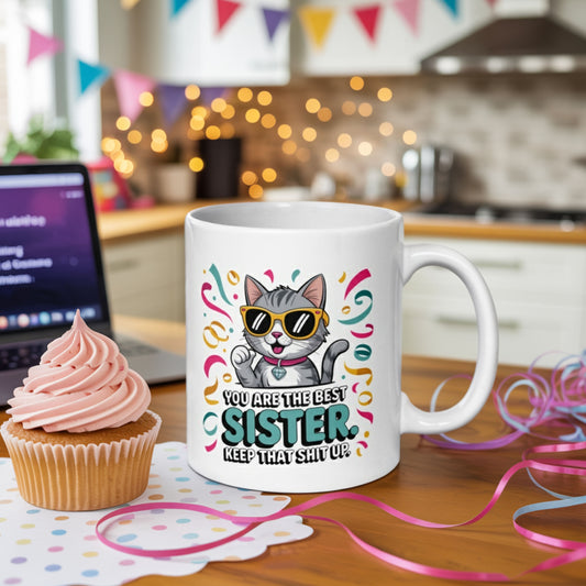 Funny sister gift mug with cartoon cat and confetti, placed on a festive kitchen table with a cupcake, laptop, and colorful party decorations in the background.