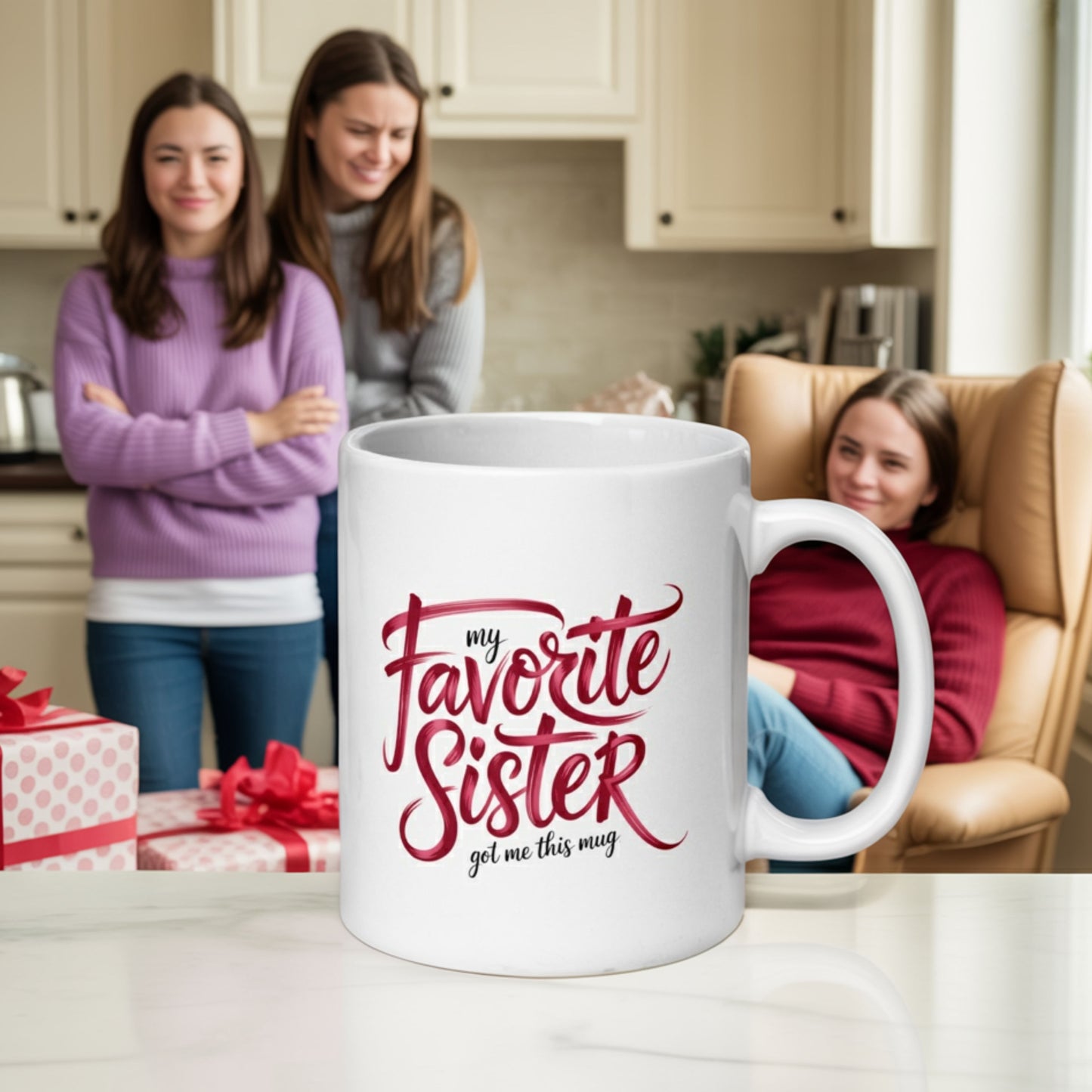 Three sisters in a kitchen setting with one lounging confidently in a chair holding a white mug that reads "My favorite sister got me this mug." The other two sisters stand in the background smiling with crossed arms, surrounded by gift boxes. Humorous and playful family moment suggesting sibling rivalry.