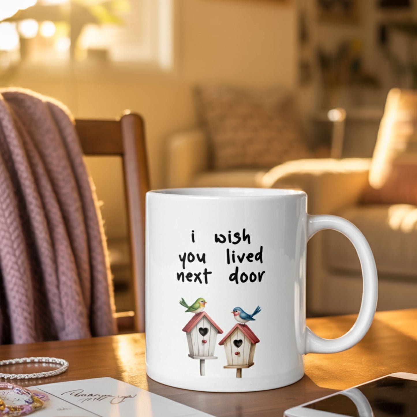 White ceramic mug that says “I wish you lived next door,” shown in a cozy home setting with warm sunlight. Perfect long-distance friendship gift for best friend or sister.