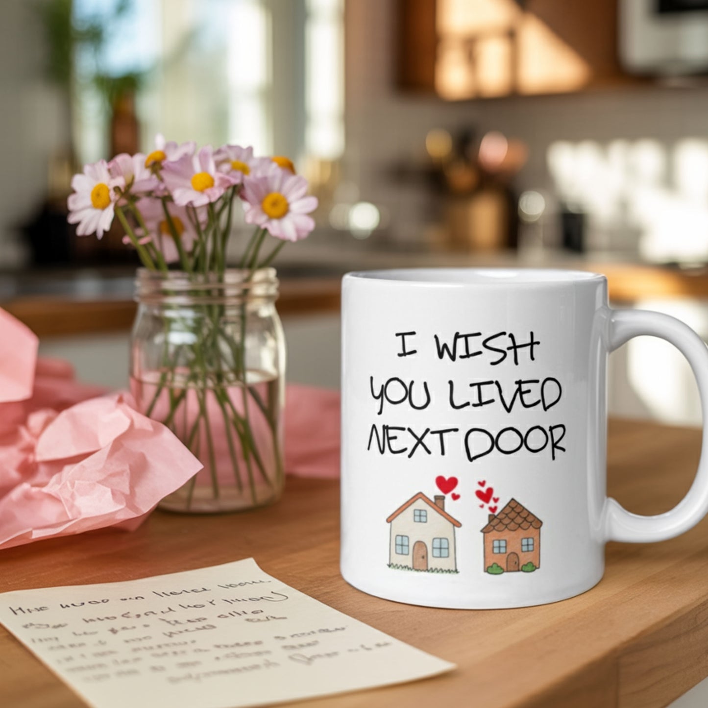 White ceramic mug with handwritten quote “I wish you lived next door,” featuring two hand-drawn houses and hearts. Sentimental long-distance friendship gift for sister or best friend. Cozy, heartfelt design ideal for moving away gifts or emotional care packages.