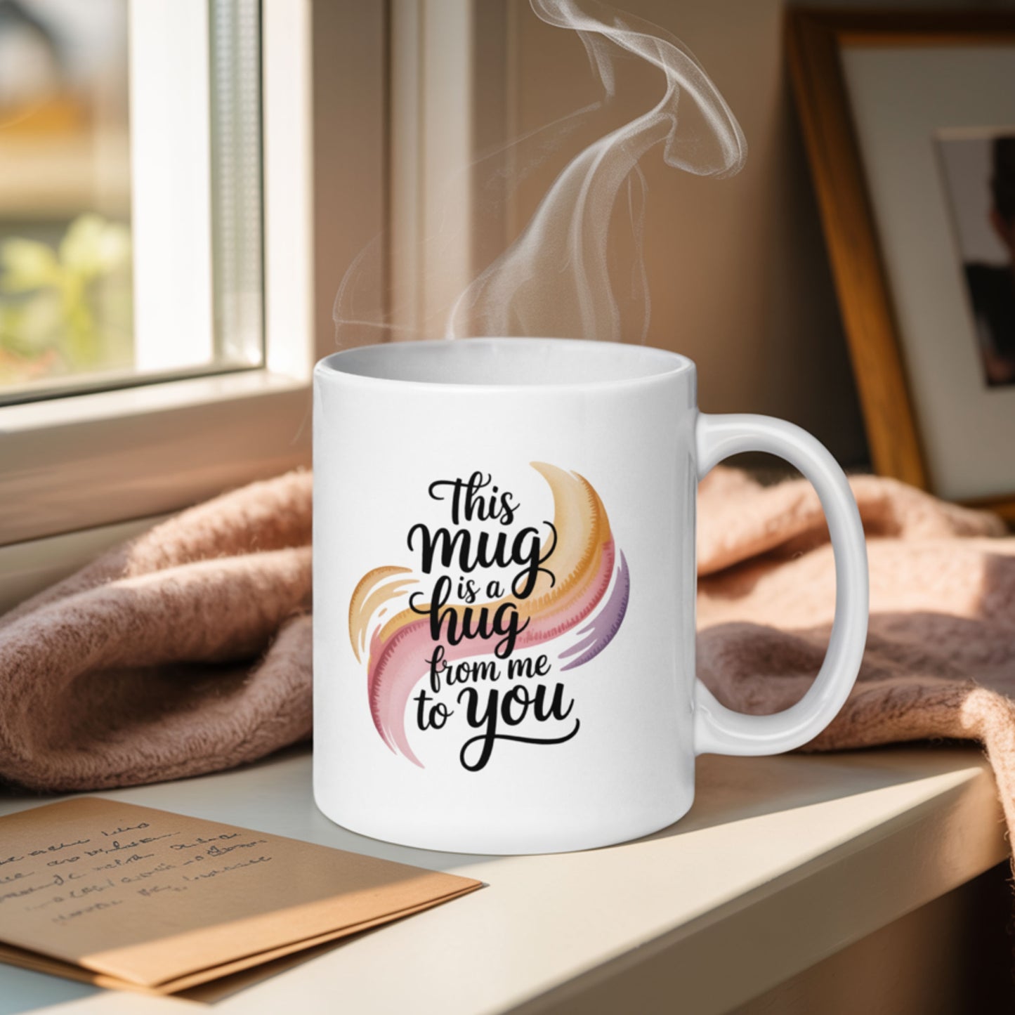 A white ceramic mug with the text "This mug is a hug from me to you" sits on a cozy windowsill, surrounded by a soft pink blanket and a handwritten letter, with sunlight streaming in and steam rising gently from the mug.