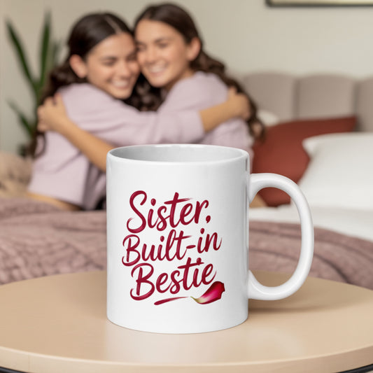 White ceramic mug with the phrase “Sister, Built-in Bestie” in elegant red script, placed on a bedside table in front of two smiling sisters hugging on a cozy bed in soft loungewear.