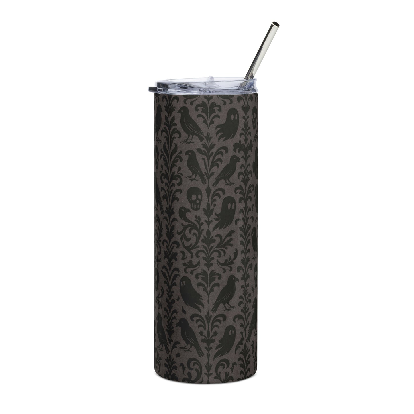 Haunted Mansion Style Halloween Tumbler – Matte Black Gothic Travel Mug with Straw