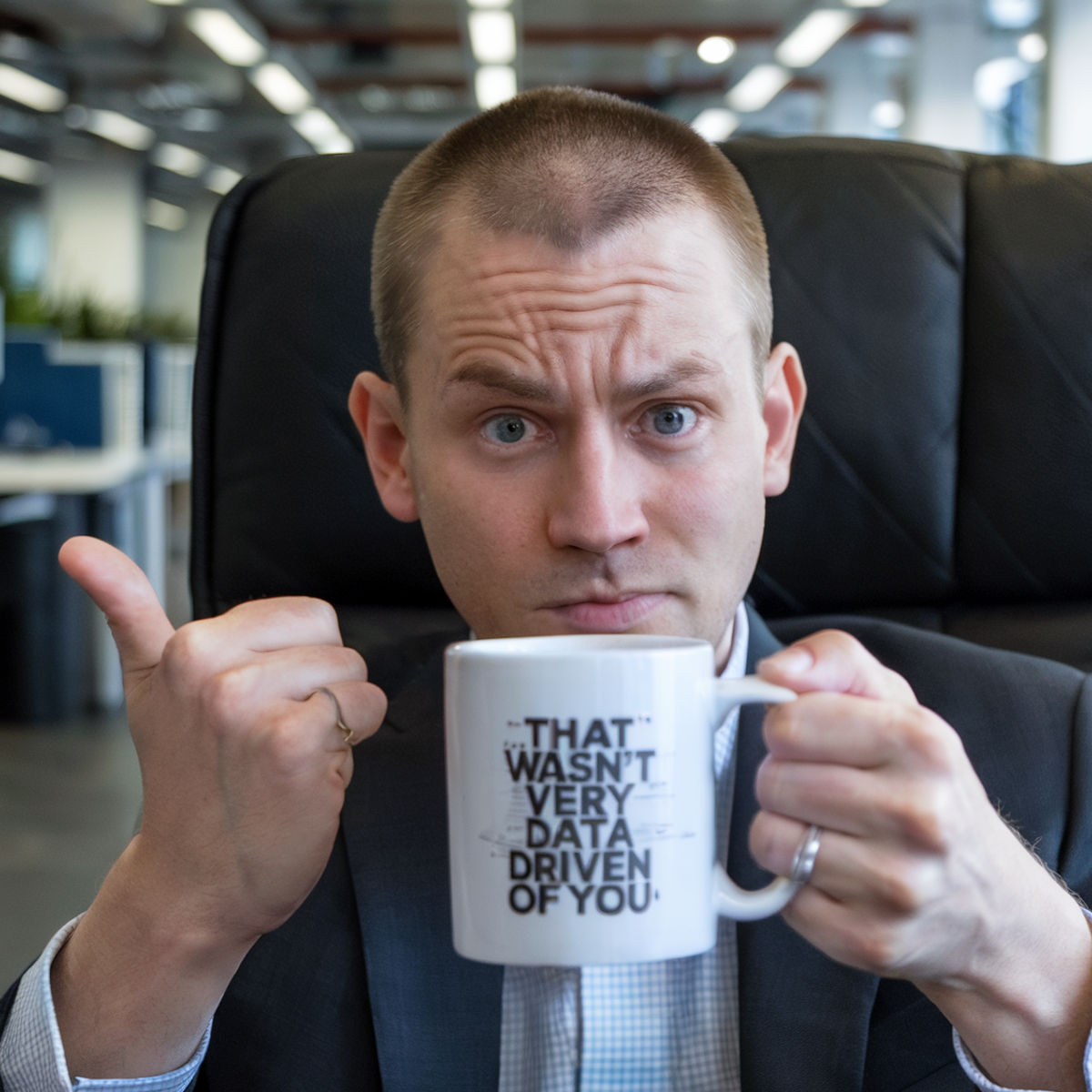 Man holding a white ceramic mug that reads “That wasn’t very data driven of you” and pointing at it with a skeptical expression. The mug is a humorous gift for data analysts, data scientists, business intelligence professionals, and tech-savvy office workers. Ideal for work-from-home setups, startup teams, or anyone obsessed with metrics, analytics, spreadsheets, or A/B testing. A perfect geeky coffee mug for fans of data-driven decision-making and workplace sarcasm.