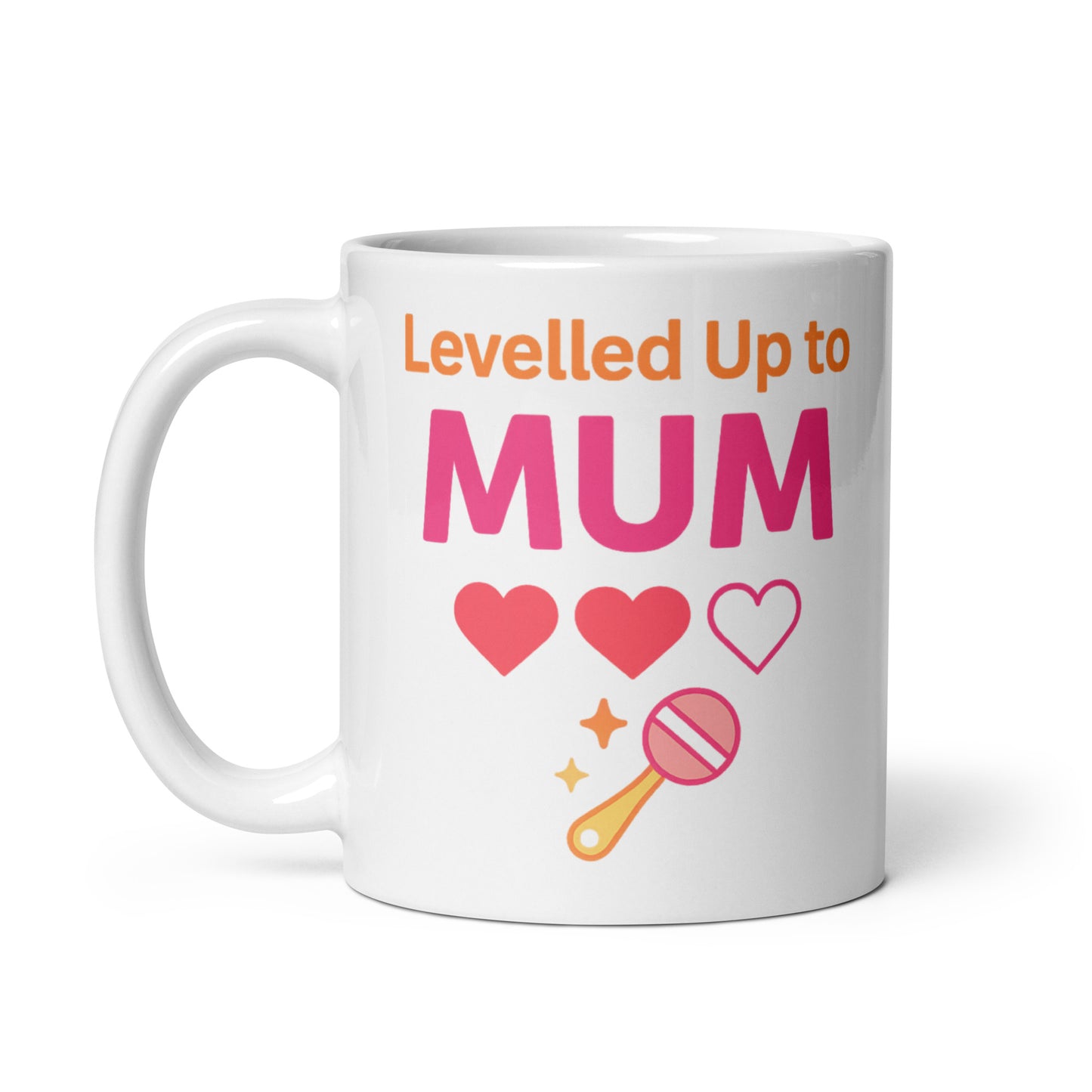 A white ceramic mug "Levelled Up to Mum"