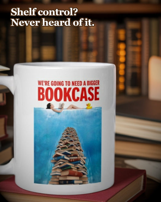 Funny book lover mug with “We’re Going to Need a Bigger Bookcase” design, featuring a tower of books and a reader in a bathtub — perfect gift for book hoarders, TBR pile addicts, and book-obsessed readers.