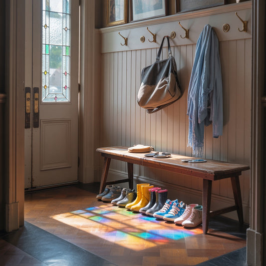 Entryway bench with colorful family shoes and a sunlit rainbow from stained glass—symbolizing the everyday chaos and warmth of family life.