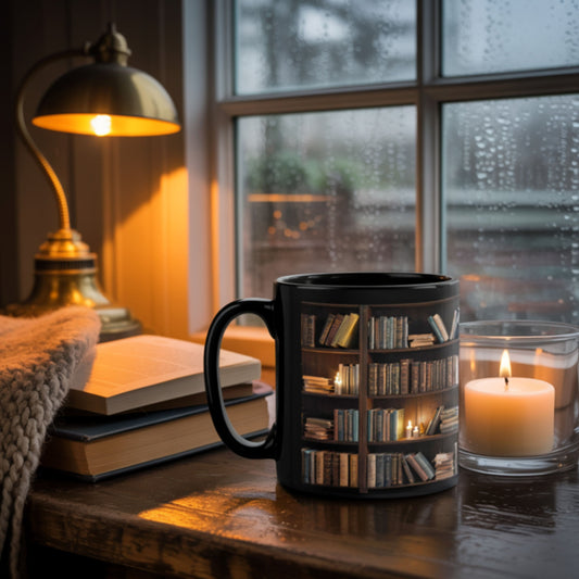 Cozy rainy day reading nook with a black bookshelf-themed book lover mug, surrounded by candles, warm lighting, and stacked novels — the perfect bookish gift for introverts, readers, and bookworms.