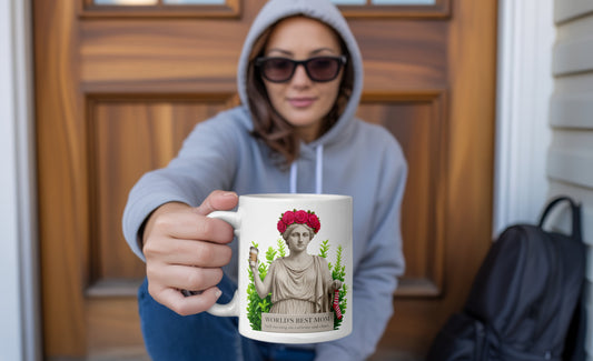 A woman in sunglasses and a hoodie sits on a doorstep holding out a white coffee mug that reads 'World’s Best Mom – Still running on caffeine and chaos'