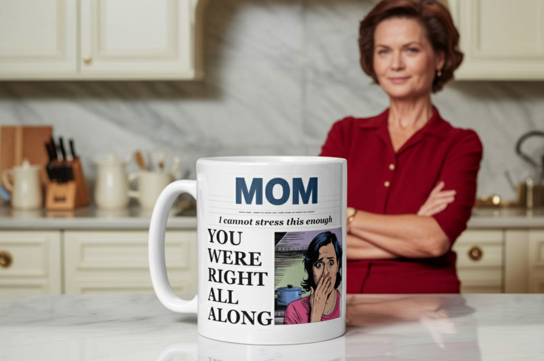 Coffee Mug what says 'Mom, you were right all along' with a smug mother in the background. A small funny gift for Moms.
