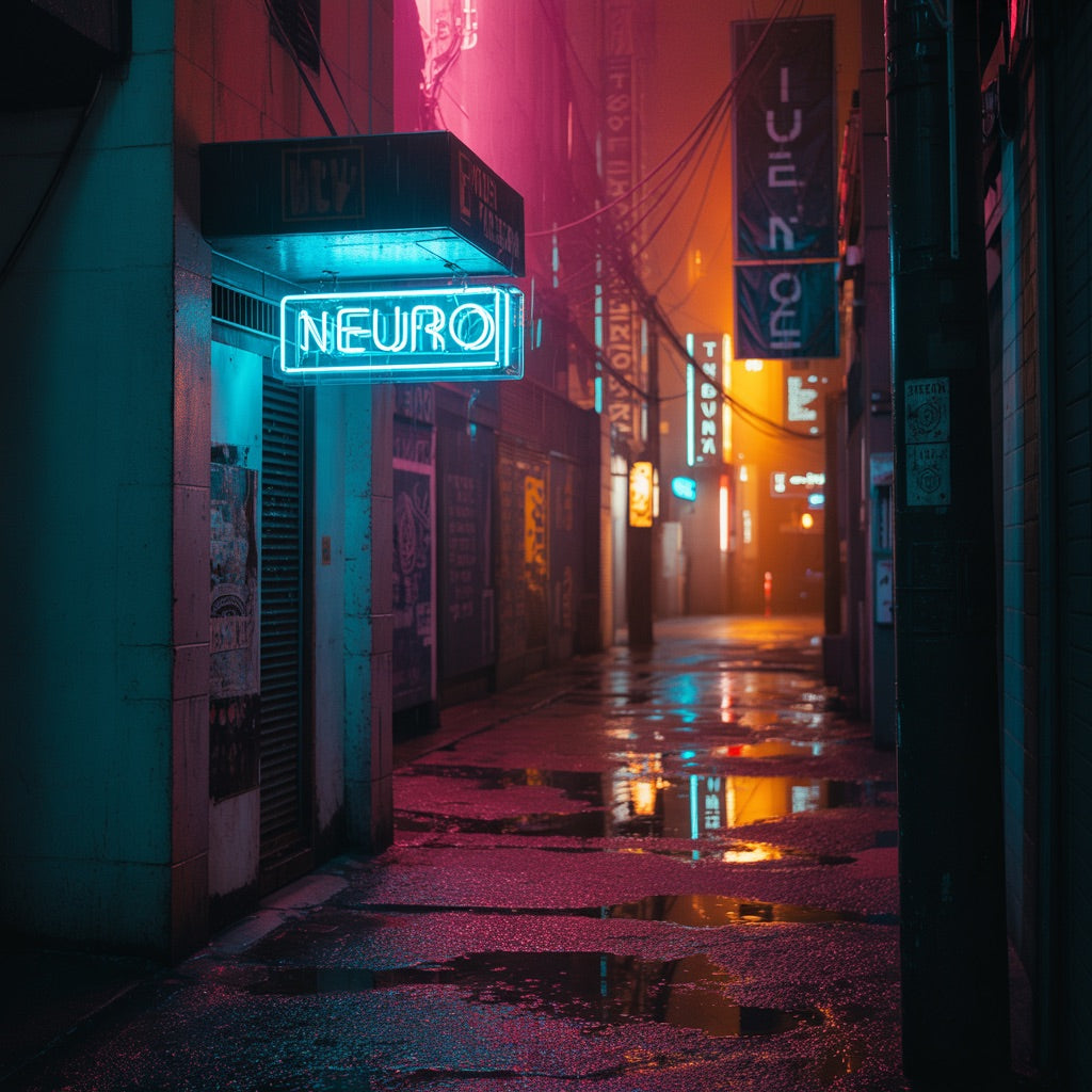 Neon Lit Alley with "Neuro" sign. Funny Neudivergent, ADHD and Autism gifts. Awareness and Validation gifts.