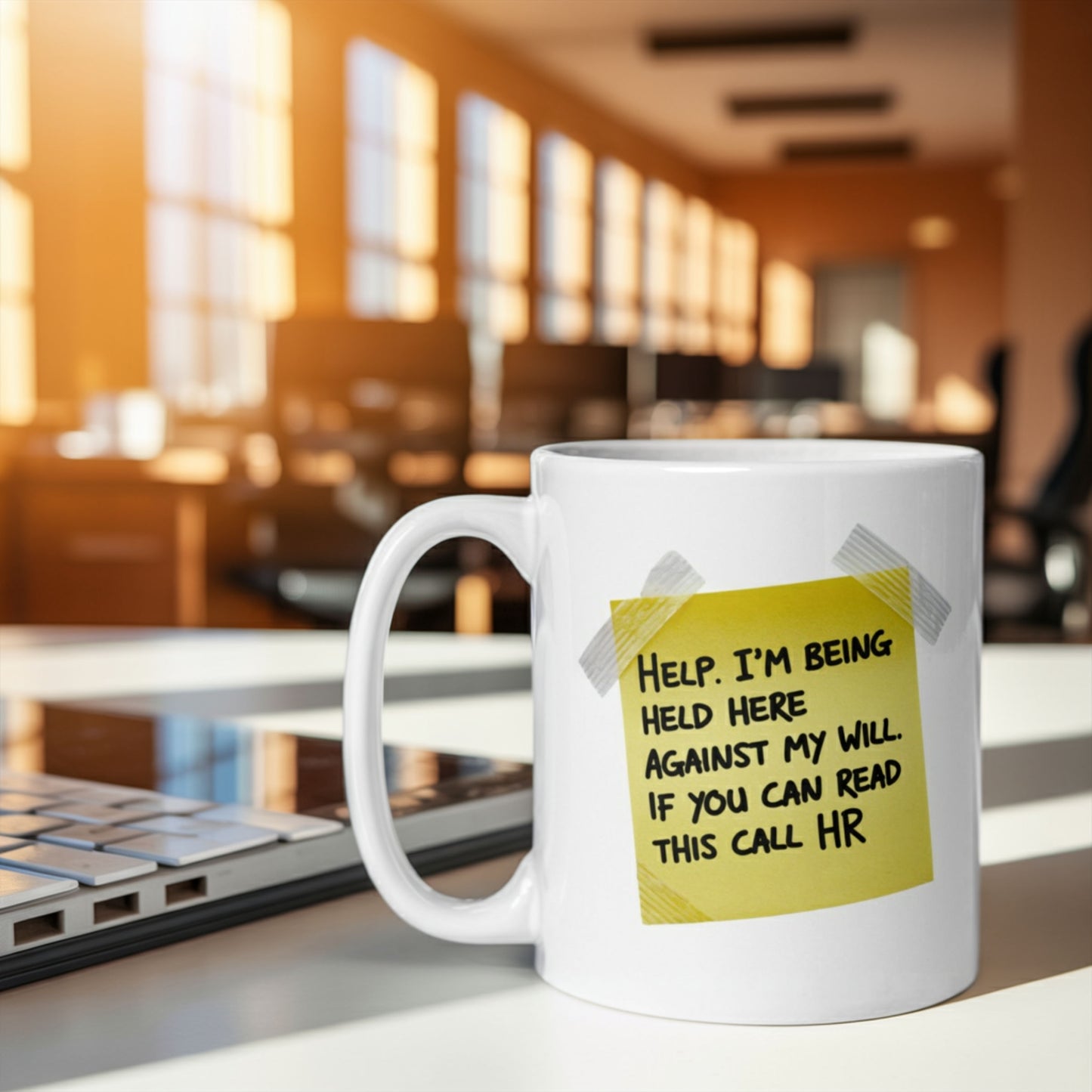 Funny office rebellion mug with yellow sticky note design reading “Help. I’m being held here against my will. If you can read this call HR” — perfect sarcastic gift for coworkers, introverts, or anyone stuck in corporate chaos. Great mug for the office with workplace humor.