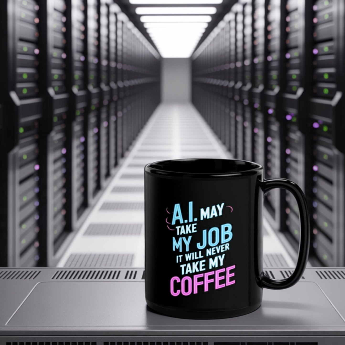 Black ceramic geek mug with the quote “A.I. may take my job, it will never take my coffee” in blue and pink text, placed in a high-tech server room — perfect funny tech mug gift for programmers, IT pros, or anyone in the AI era who still needs caffeine.