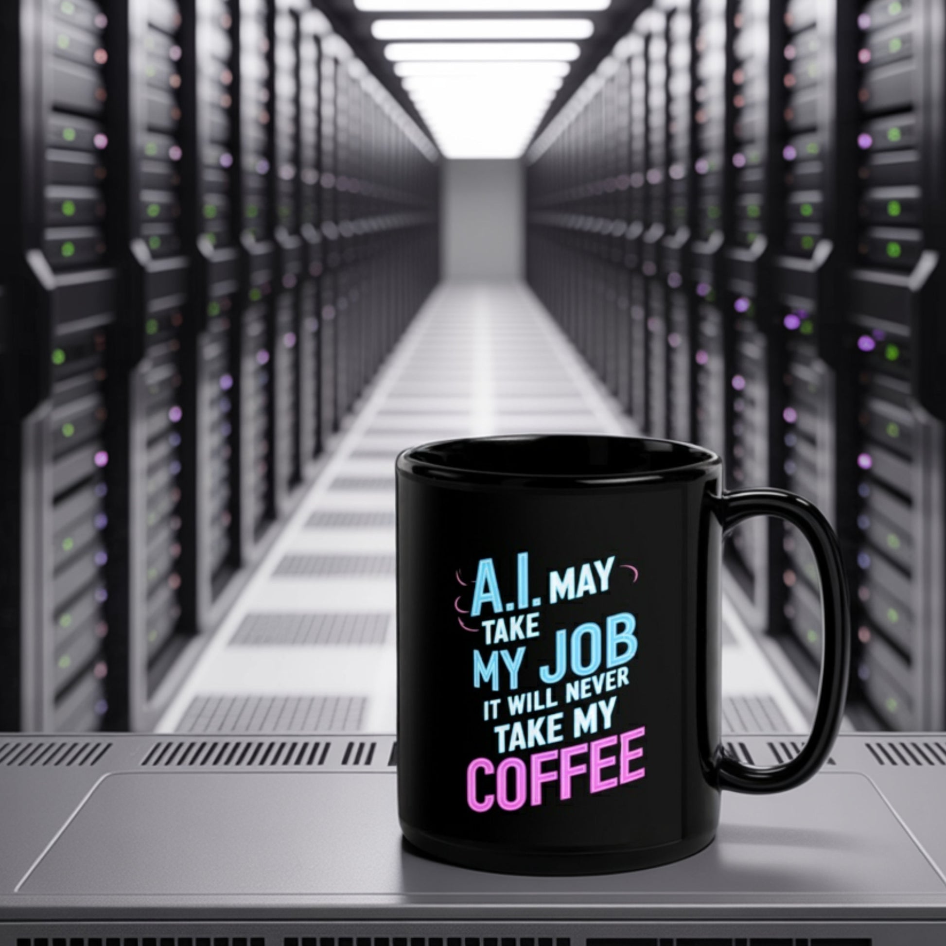 Black ceramic geek mug with the quote “A.I. may take my job, it will never take my coffee” in blue and pink text, placed in a high-tech server room — perfect funny tech mug gift for programmers, IT pros, or anyone in the AI era who still needs caffeine.