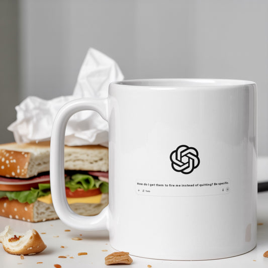 White ceramic mug with a mock AI chat interface displaying the text: “How do I get them to fire me instead of quitting? Be specific.” Positioned on a cluttered desk with a half-eaten sandwich, cookie crumbs, and crumpled paper in the background. A darkly funny burnout gift for overworked employees, quiet quitters, and sarcastic coworkers navigating corporate life with humor. Perfect for office gifting or anti-motivation desk decor.