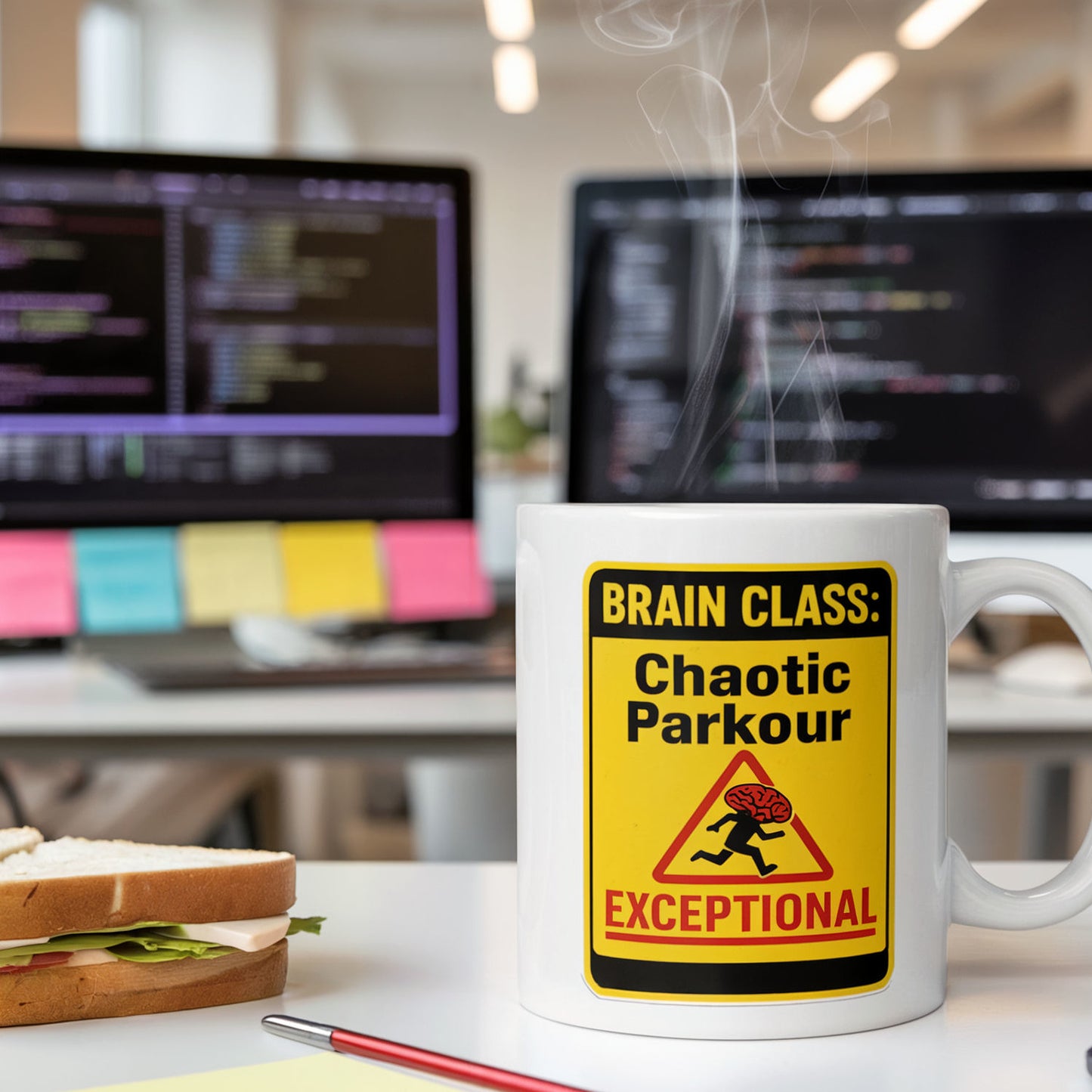 White ceramic mug with a bold yellow warning-style design that reads: “Brain Class: Chaotic Parkour – Exceptional,” featuring an icon of a running figure with a brain. Set on a modern office desk with coding monitors, sticky notes, a sandwich, and a pen nearby. A humorous ADHD-themed gift for programmers, tech workers, or neurodivergent professionals who thrive in creative chaos and nonlinear thinking. Ideal for workplace mental health awareness or geeky productivity humor.