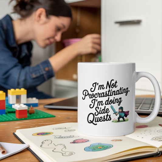 A white ceramic mug with the phrase "I'm Not Procrastinating, I'm Doing Side Quests" and a cartoon knight, placed on a cluttered desk with doodles, Lego bricks, and a laptop, while a woman organizes a cabinet in the background—perfect for gamers, creatives, or anyone with ADHD humor.
