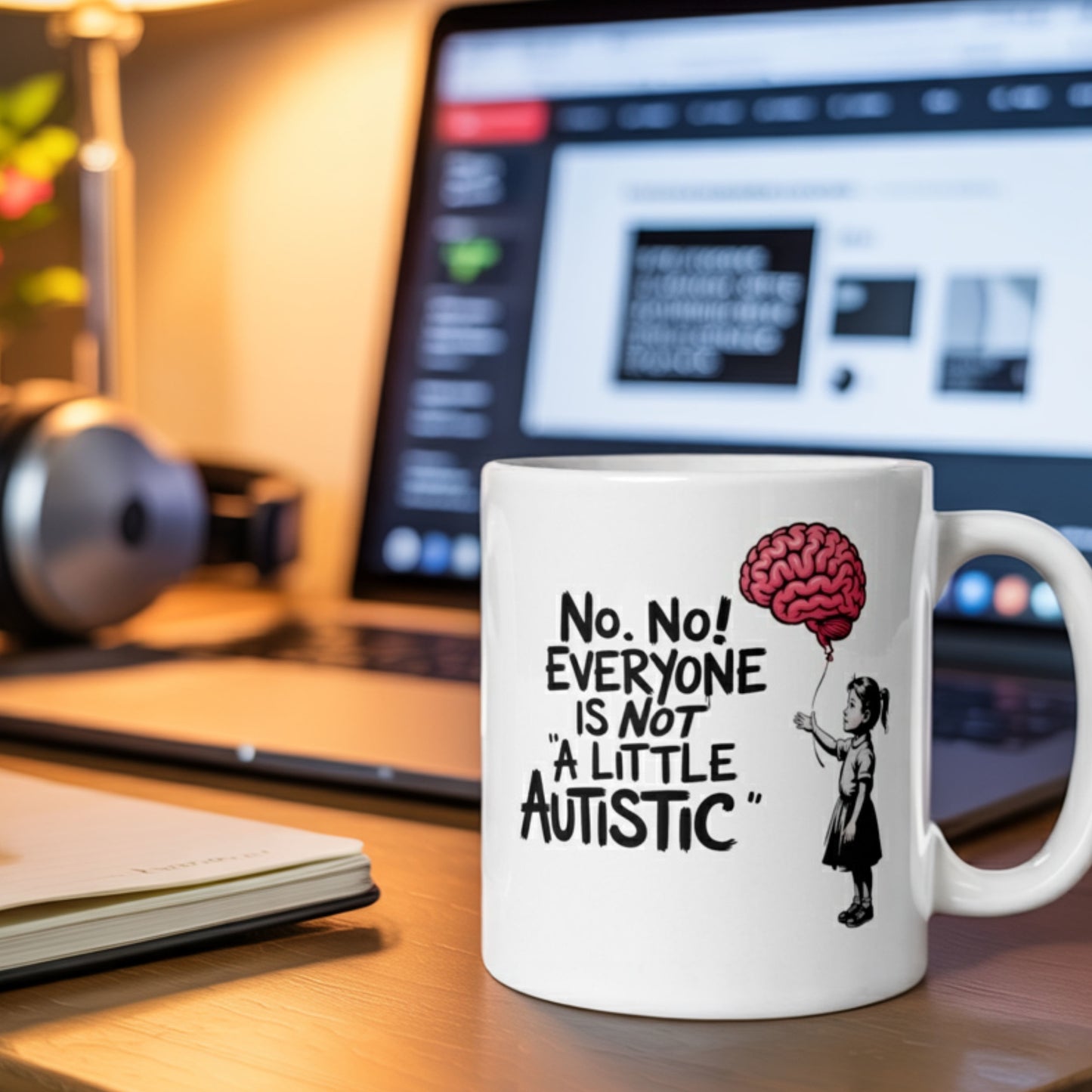White ceramic mug with cartoon brain balloon and bold text that reads “No. No! Everyone is not ‘a little autistic.’” Perfect autism advocacy or validation gift for adults.