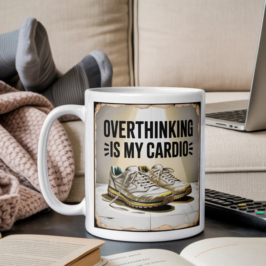 A white ceramic mug with the phrase "Overthinking Is My Cardio" printed above a pair of worn-out sneakers, resting on a cozy coffee table setup with books, a laptop, and a blanket—perfect for anxious minds with a sense of humor.