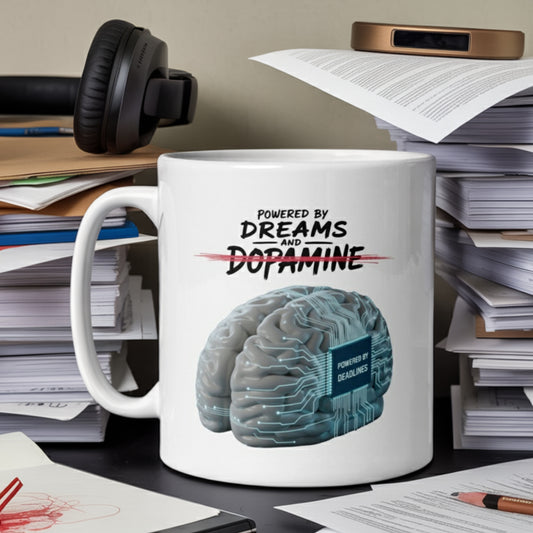 ADHD Mug with the text "Powered by Deadlines" on a brain with integrated circuits.