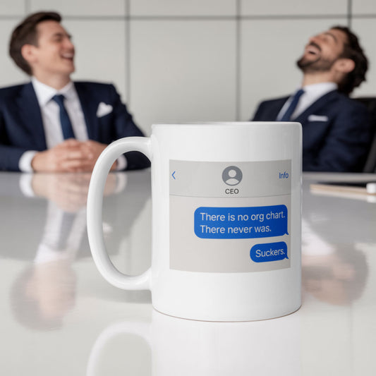 Mug with the text "There is no org chart. There never was." Perfect gift for office humor.