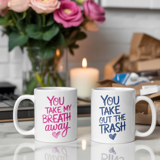 Funny Couple Mugs – You Take My Breath / Trash – His and Her Set