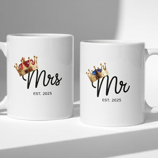 2 matching mugs "Mrs Est. 2025" and "Mr Est. 2025" - Wedding Gift Mug Set on a white shadowed background. Perfect gift for engagement, bridal shower, 2025 wedding.
