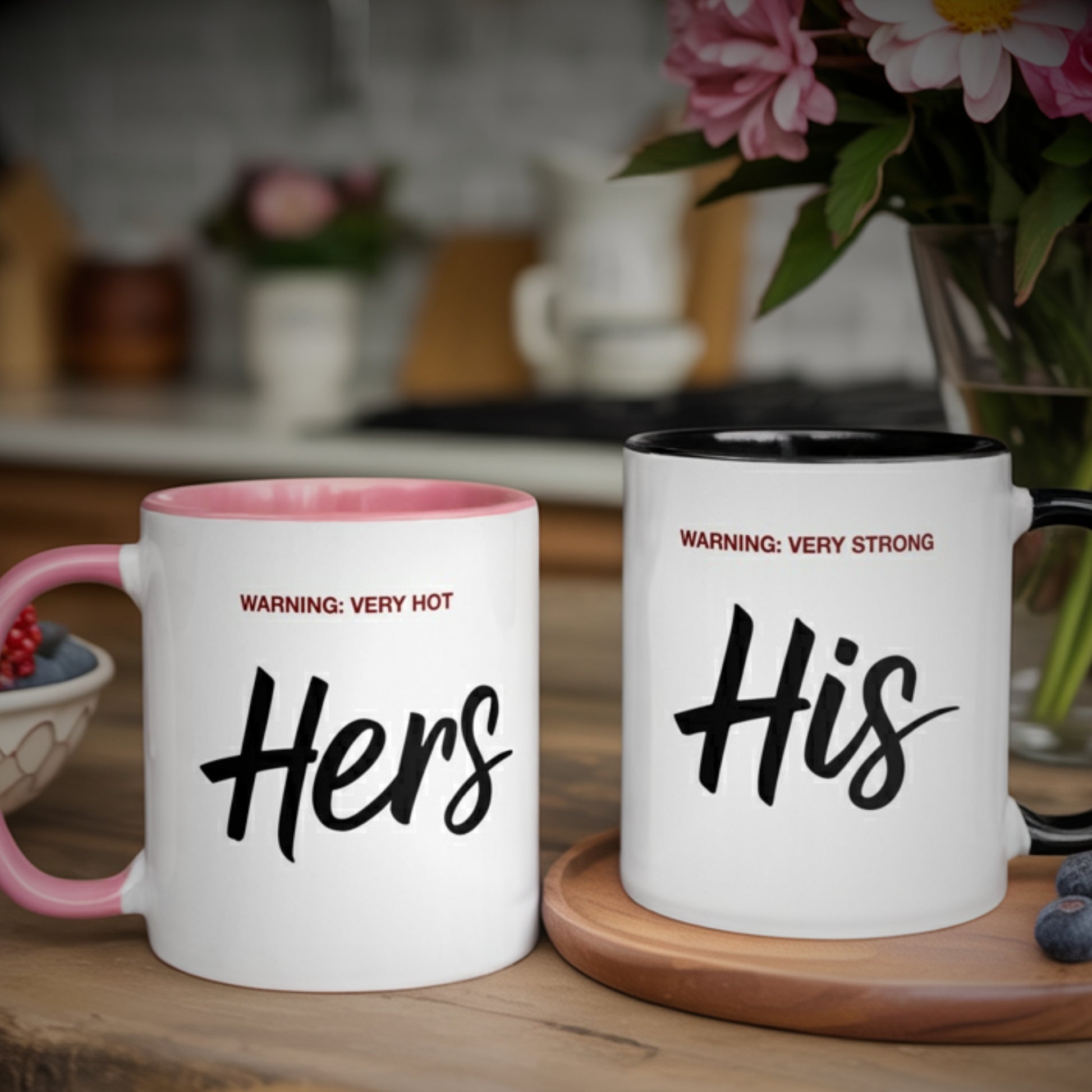 Funny his and her couple mugs on kitchen table – "Hers: Warning Very Hot" and "His: Warning Very Strong" – gift idea for couples, anniversaries, or moving in together