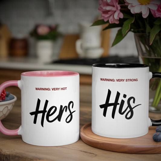 Funny his and her couple mugs on kitchen table – "Hers: Warning Very Hot" and "His: Warning Very Strong" – gift idea for couples, anniversaries, or moving in together