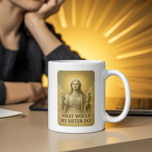 White ceramic mug featuring a humorous illustration of a saint-like figure with a glowing halo, holding a smartphone and a coffee cup, with the caption “What Would My Sister Do?” Positioned on a desk with a golden light radiating in the background and a woman resting her chin on her hand. A funny gift for sisters.