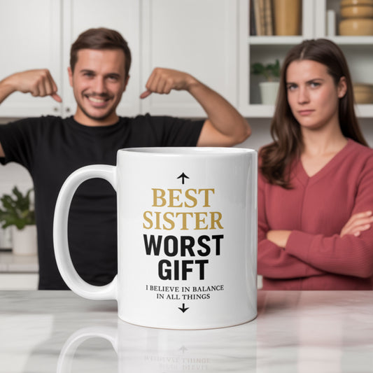 White ceramic mug with bold typography that reads: “Best Sister. Worst Gift. I believe in balance in all things.” The design includes arrows pointing up and down for emphasis. Shown in a kitchen with a smug man flexing and a visibly unimpressed woman in the background. A funny, cheeky gift for sisters that perfectly balances love and mischief — ideal for birthdays, holidays, or last-minute sibling pranks.