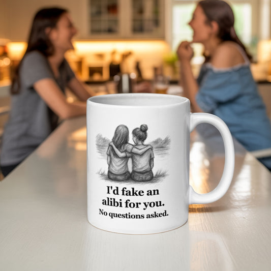 White ceramic mug featuring a pencil-style illustration of two girls sitting side by side with arms around each other, and the text "I'd fake an alibi for you. No questions asked." In the background, two women laugh together at a kitchen island, suggesting a close and playful bond.