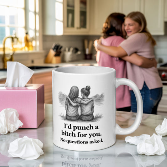 White ceramic mug on a kitchen counter with the text “I'd punch a bitch for you. No questions asked,” in front of two women hugging emotionally in the background, surrounded by used tissues and a pink tissue box—conveying fierce loyalty and deep sisterly or best friend bond.