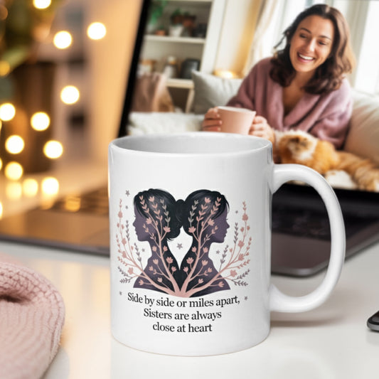 A sentimental sister-themed mug sits on a cozy desk in front of a laptop screen showing a woman video chatting and smiling warmly, wrapped in a robe with a cat beside her. The mug features two mirrored female silhouettes intertwined with floral designs and the quote, "Side by side or miles apart, Sisters are always close at heart." Soft lighting and a pink knitted scarf complete the comforting, long-distance connection vibe.