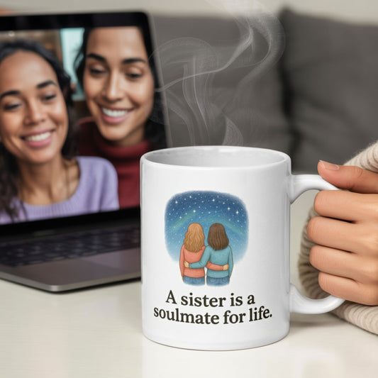 Sentimental sister mug with two women embracing under a starry sky and the quote 'A sister is a soulmate for life,' placed in front of a laptop showing a video call between smiling sisters, evoking warmth, connection, and long-distance love.