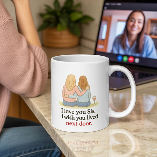 Sentimental mug on kitchen counter during video call with sister, featuring illustration of two women and the message: I love you Sis. I wish you lived next door.