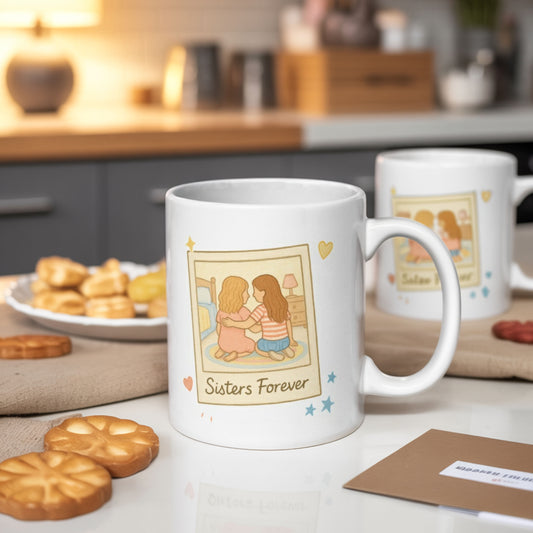 Two matching "Sisters Forever" mugs sit on a cozy kitchen counter surrounded by cookies, a greeting card, and warm lighting. The mugs feature an illustration of two sisters sitting together, creating a sentimental and nostalgic vibe perfect for gifting.