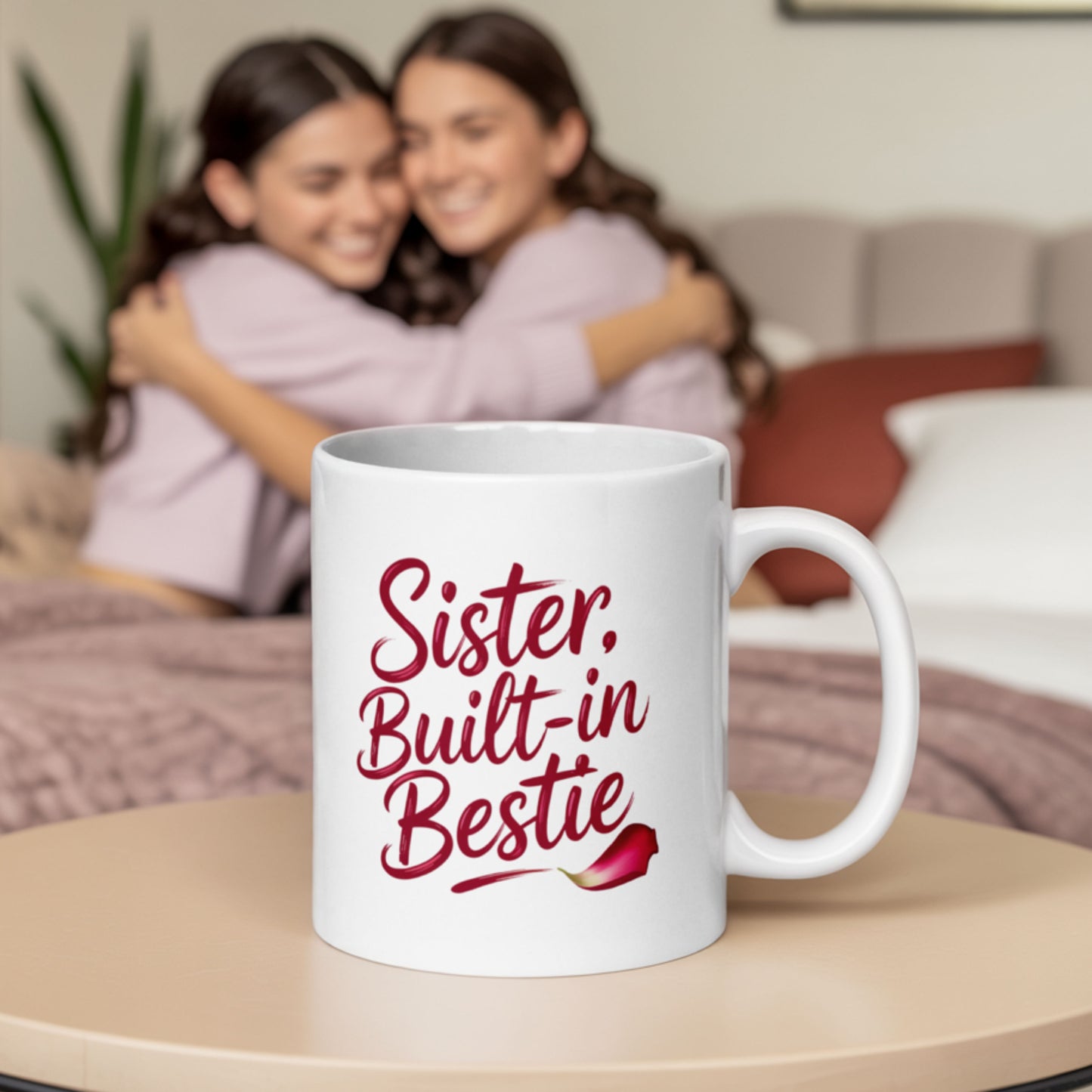 White ceramic mug with the phrase “Sister, Built-in Bestie” in elegant red script, placed on a bedside table in front of two smiling sisters hugging on a cozy bed in soft loungewear.