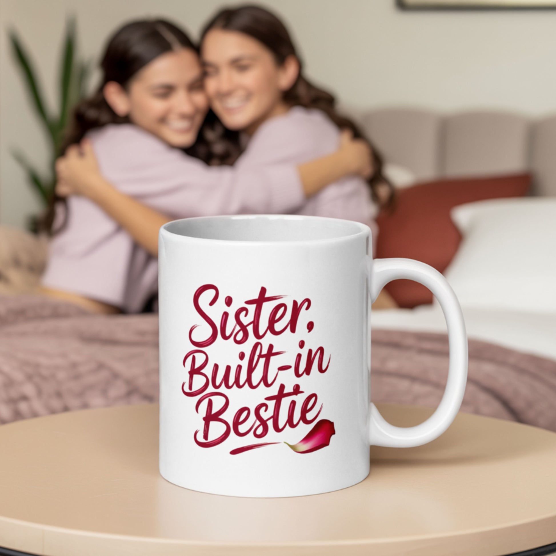 White ceramic mug with the phrase “Sister, Built-in Bestie” in elegant red script, placed on a bedside table in front of two smiling sisters hugging on a cozy bed in soft loungewear.