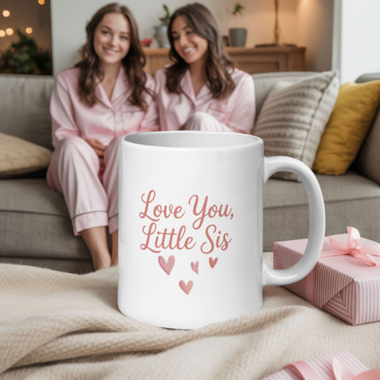 White ceramic mug with the words 'Love You, Little Sis' in pink script and heart illustrations, placed on a cozy blanket in front of two smiling sisters in pink pajamas, sitting on a couch with gift boxes nearby.