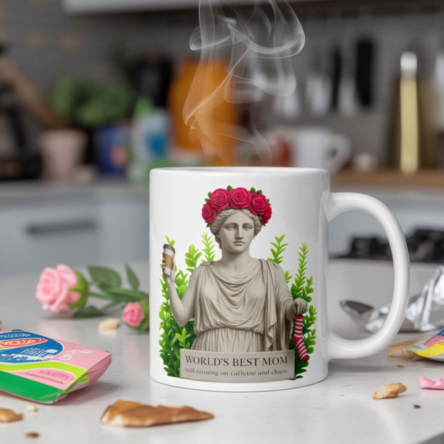 White ceramic mug with a classical statue of a woman wearing a pink rose crown, holding a coffee cup and striped sock, labeled "World's Best Mom – Still running on caffeine and chaos," placed on a cluttered kitchen counter with wrappers, snacks, and steam rising — perfect funny Mother’s Day, Birthday or Christmas gift.