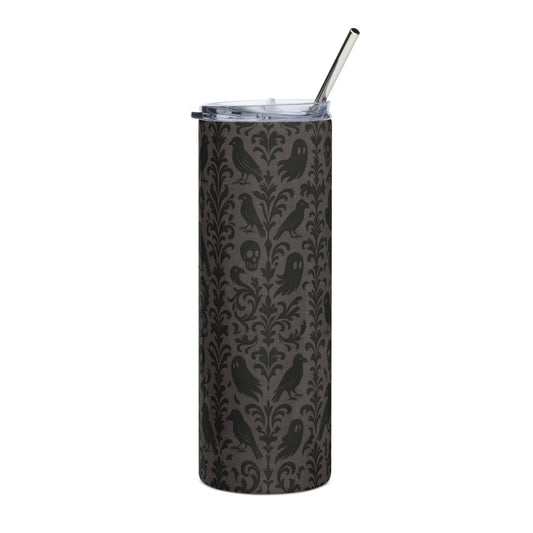Haunted Mansion Style Halloween Tumbler – Matte Black Gothic Travel Mug with Straw